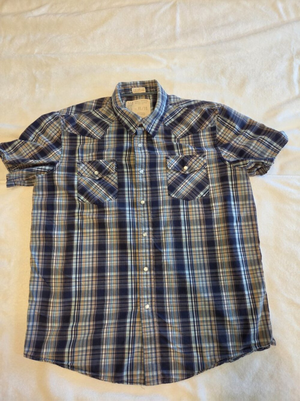 Aeropostale Mens Shirt XL Blue Plaid Western Pearl Snap Chest Pocket Vintage Fit